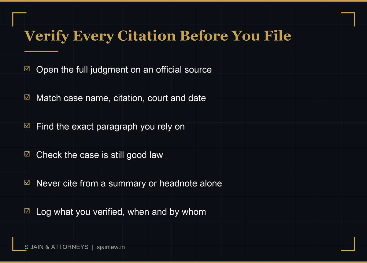 Checklist infographic: verify every citation before you file - open the full judgment on an official source, match the case name, citation, court and date, find the exact paragraph relied on, check the case is still good law, never cite from a summary alone, and keep a dated record of what was verified