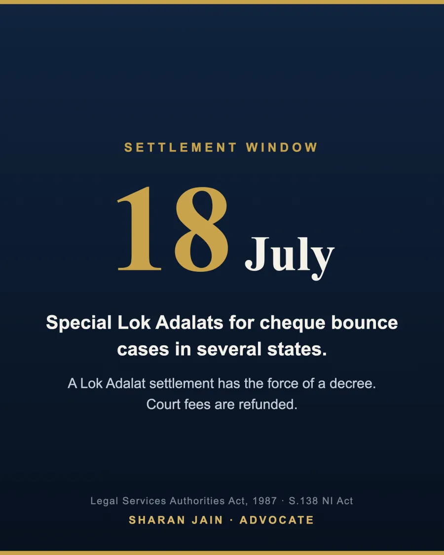 Infographic: 18 July special Lok Adalats for cheque bounce cases; a Lok Adalat settlement has the force of a decree