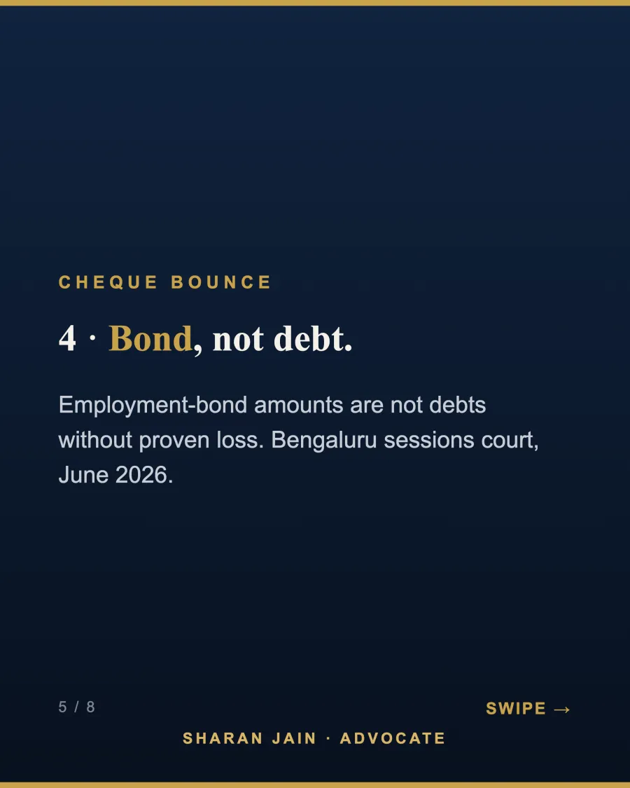 Infographic: bond, not debt - employment bond amounts are not debts without proven loss (Bengaluru sessions court, June 2026)