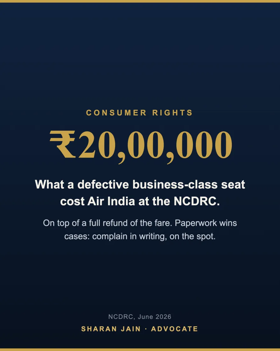 Infographic: 20 lakh rupees - the NCDRC award against Air India for a defective business class seat, evidence that consumer forums compensate real deficiencies