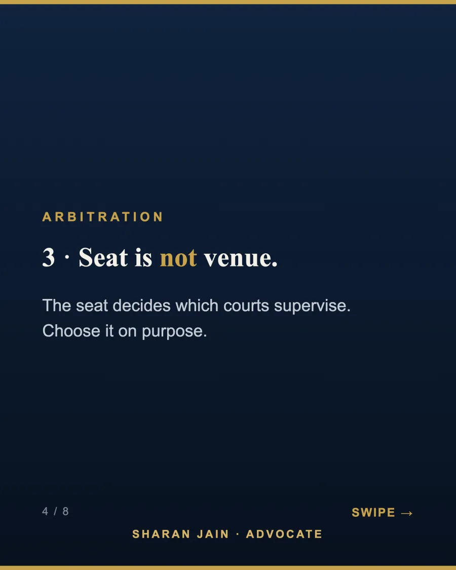 Infographic: seat is not venue - the seat decides which courts supervise the arbitration; choose it on purpose