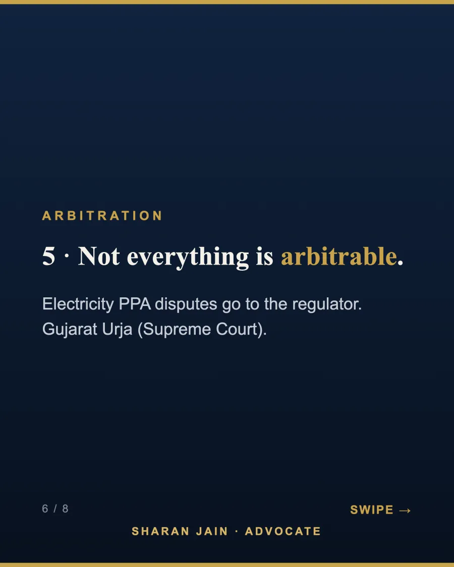 Infographic: not everything is arbitrable - electricity PPA disputes between licensees and generators go to the regulator, not an arbitrator (Gujarat Urja, Supreme Court)