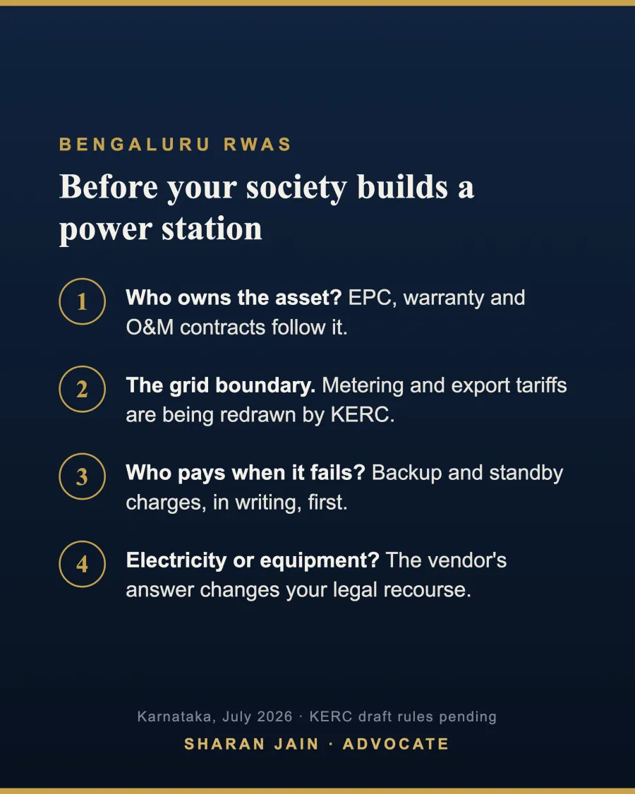 Infographic checklist: before your society builds a power station - who owns the asset, grid boundary and tariff risk, backup and standby charges in writing, electricity or equipment vendor