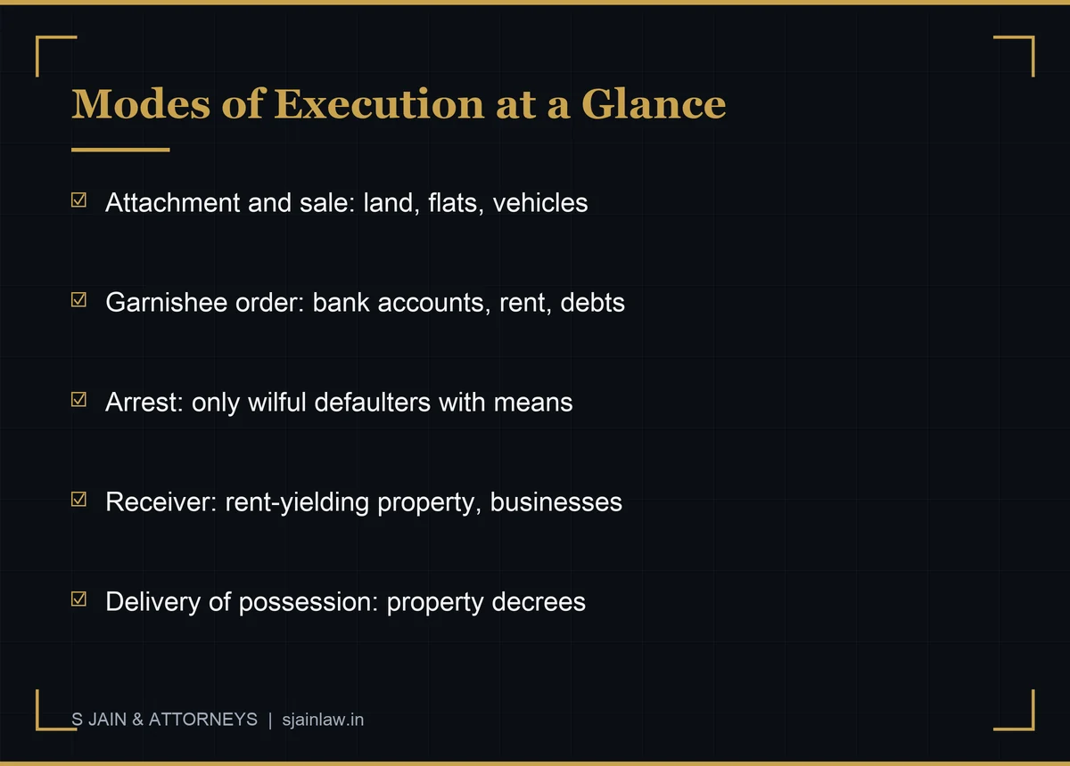 Infographic: modes of executing a decree in India - attachment and sale of property, garnishee orders on bank accounts and receivables, arrest of the judgment-debtor, appointment of a receiver and delivery of possession