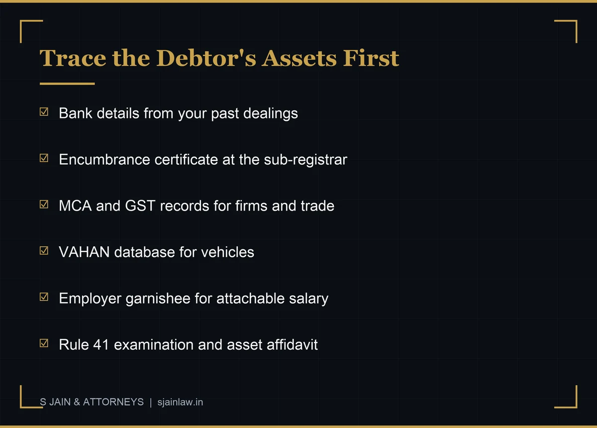 Checklist infographic: asset-tracing steps for decree-holders - bank details from past dealings, encumbrance certificate search, MCA and GST records, vehicle database, employer garnishee and Order 21 Rule 41 examination