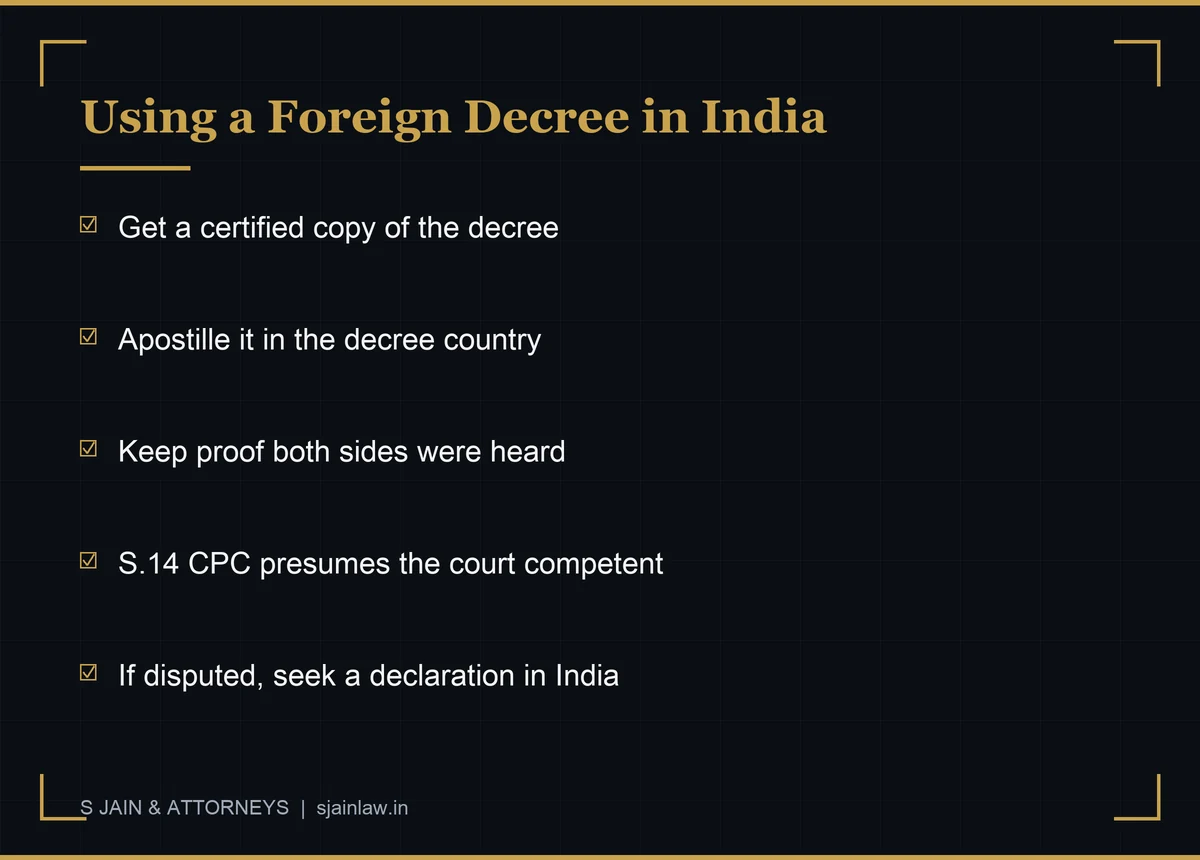 Checklist infographic: using a foreign divorce decree in India - certified copy, apostille, proof both spouses were heard, Section 14 CPC presumption, declaration from an Indian family court if disputed