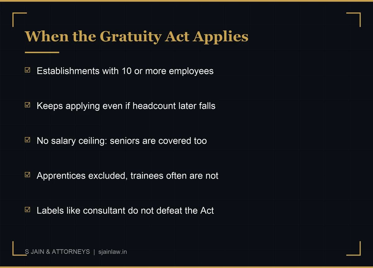 Infographic showing when the Payment of Gratuity Act 1972 applies: establishments with ten or more employees, continued application even if headcount falls, and the statutory definition of employee under Section 2(e)