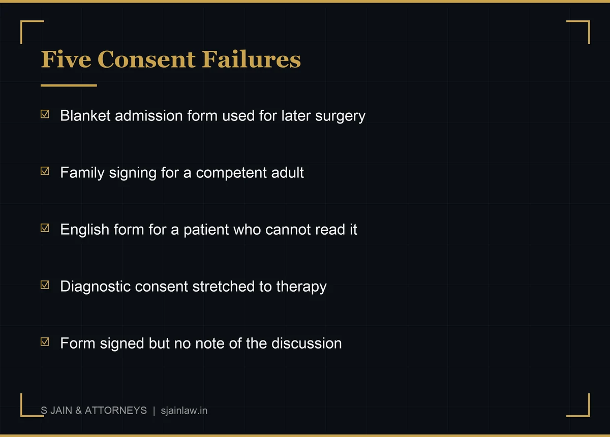 Infographic listing five common consent failures: blanket admission consent, family signing for a competent adult, wrong language forms, diagnostic consent extended to surgery, and documenting the form but not the discussion