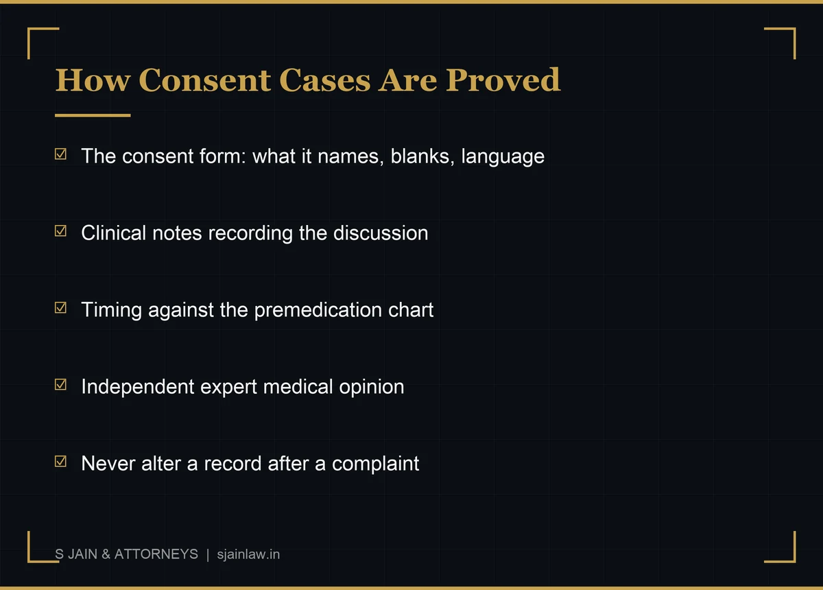 Infographic on proving a consent dispute: the consent form itself, contemporaneous clinical notes, timing against the premedication chart, and independent expert opinion