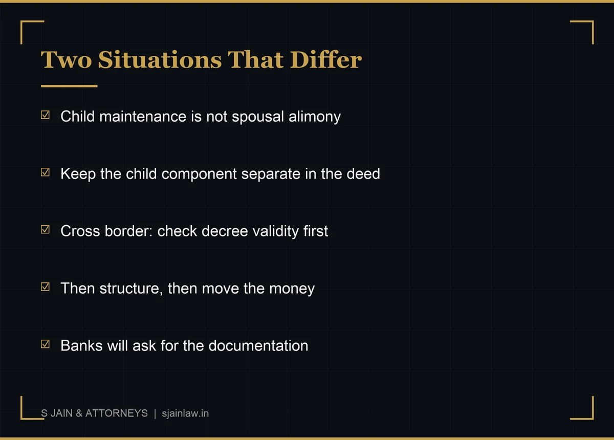 Infographic on special situations in divorce tax: child maintenance kept separate from spousal alimony, and cross border settlements requiring decree validity, remittance route and treaty position to be settled before transfer