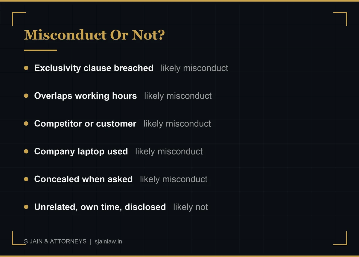 Comparison infographic of when moonlighting is likely misconduct versus likely not, across six tests: contract clause, working hours, conflict of interest, use of employer resources, disclosure, and confidentiality