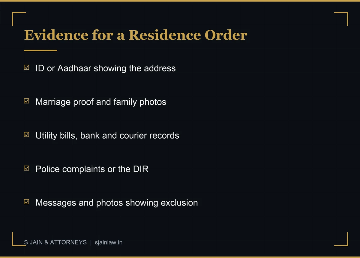 Checklist infographic: evidence for a residence order under Section 19 DV Act - ID showing the address, marriage proof, utility and delivery records, police complaints or DIR, photos and messages showing exclusion