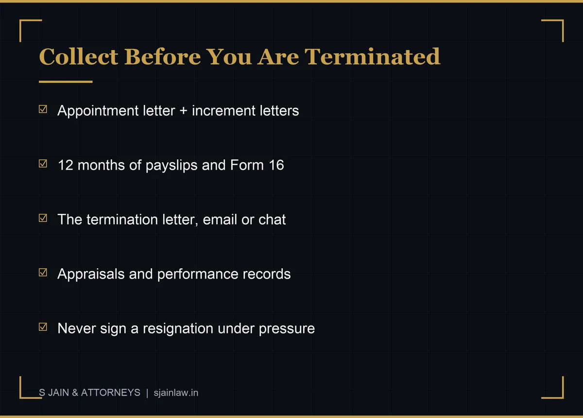 Infographic checklist of documents an employee should collect before resignation or termination in India
